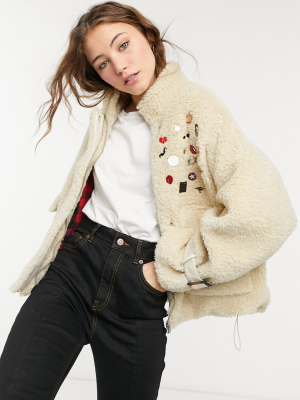 Goosecraft Shearling Jacket With Embroidered Patches In Cream