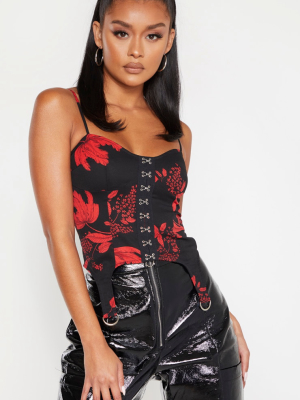 Red Floral Woven Hook And Eye Curved Hem Corset...