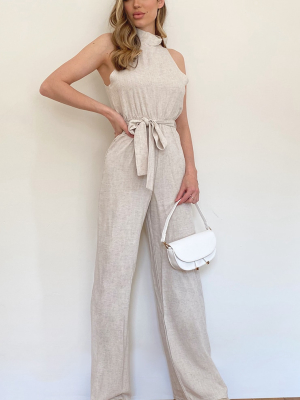 Stone Woven High Neck Tie Waist Jumpsuit