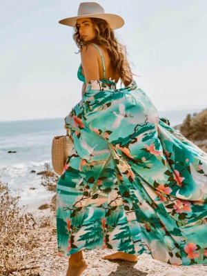 Flowy Belted Floral Print Sleeved Maxi Brazilian Beach Cover Up