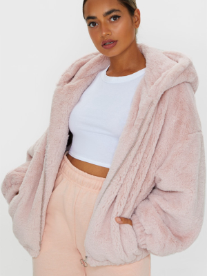 Petite Pink Faux Fur Balloon Sleeve Hooded Jacket