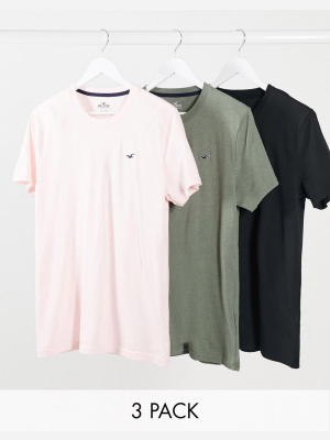 Hollister 3 Pack Crew Neck T-shirt Seagull Logo Slim Fit In Pink/olive/black Exclusive
