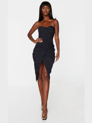 Black Bandeau Gathered Waist Split Midi Dress