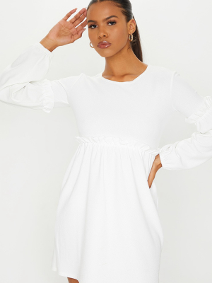 White Frill Detail Long Sleeve Smock Dress