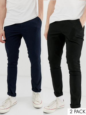 Asos Design 2 Pack Super Skinny Chinos In Black & Navy Save