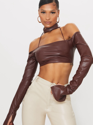 Brown Pu High Neck Cold Shoulder Crop Top