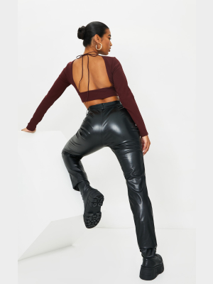 Chocolate Crepe Backless Long Sleeve Crop Top