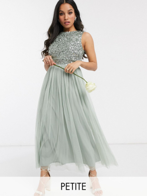 Maya Petite Bridesmaid Sleeveless Midaxi Tulle Dress With Tonal Delicate Sequin Overlay In Sage Green