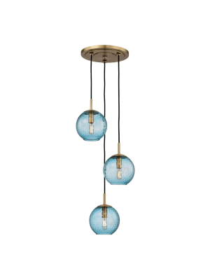 Rousseau 3 Light Pendant With Blue Glass Aged Brass