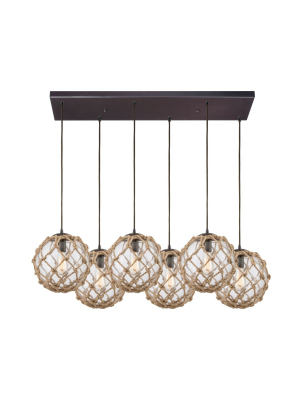 Coastal Inlet 6-light Rectangular Pendant Fixture In Oiled Bronze With Rope And Clear Glass