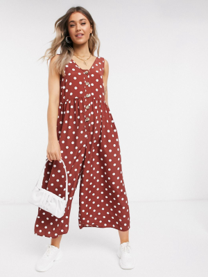 Asos Design Button Front Smock Jumpsuit In Brown And Cream Polka Dot