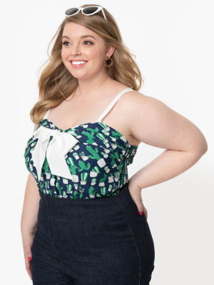 Unique Vintage Plus Size Potted Cactus Print Dubois Top