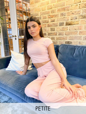 Missguided Petite Crop Top And Wide Leg Pajama Set In Pink