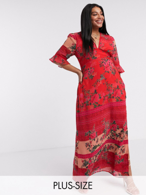 Hope & Ivy Plus Exclusive Plunge Midaxi Dress With Fluted Sleeves In Red Contrast Floral