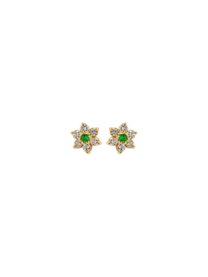 14k Gold Prong Set Flower Studs With Diamond Petals And An Emerald Center