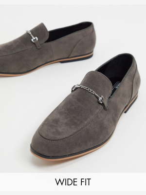 Asos Design Wide Fit Loafers In Gray Faux Suede With Snaffle Detail And Black Sole