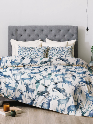 Watercolor Deers Cold Blue Comforter Set - Deny Designs