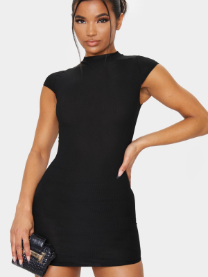 Black High Neck Ribbed Bodycon Dress