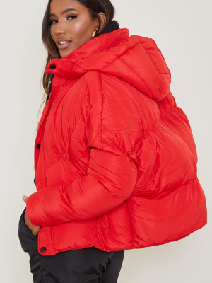 Red Nylon Oversized Curved Panel Wadded Puffer...