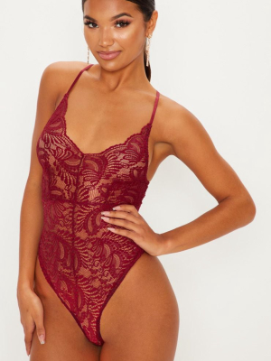 Lucille Burgundy Sheer Lace Cross Back Bodysuit