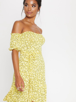 Yellow Ditsy Print Bardot Frill Hem Skater Dress