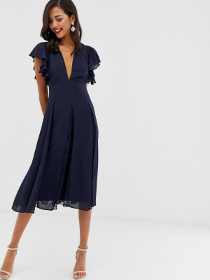 Asos Design Midi Dress With Lace Godet Panels