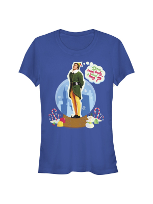 Junior's Elf Buddy Hug Snow Globe T-shirt