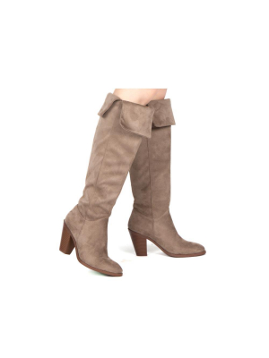 Prism-25 Taupe Fold Over Knee High Boots