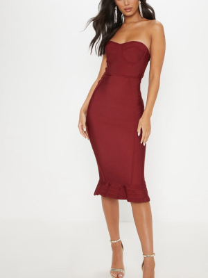 Dark Red Frill Hem Bandage Midi Dress