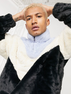 Asos Design Oversized Faux Fur Sweatshirt With High Neck & Half Zip In Color Blocking Black Cream & Blue