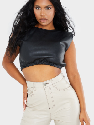 Black Pu Shoulder Pad Ruched Hem Crop Top