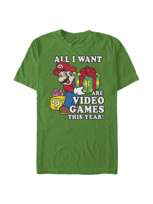 Men's Nintendo Christmas Mario All I Want Are Video Games T-shirt