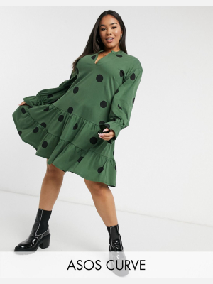 Asos Design Curve Tiered Long Sleeve Spot Smock Dress In Khaki And Black Spot