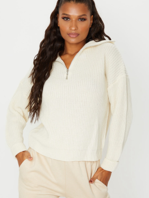 Cream Zip Through Oversized Knitted Sweater