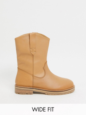 Asos Design Wide Fit Andy Leather Pull On Trucker Boots In Sand