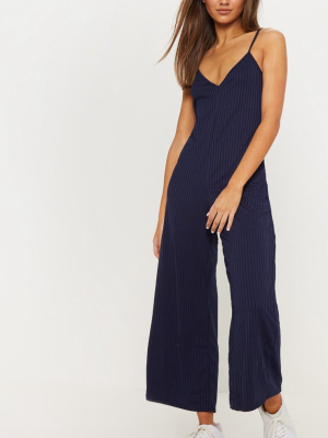 Navy Ribbed V Neck Oversized Jumpsuit