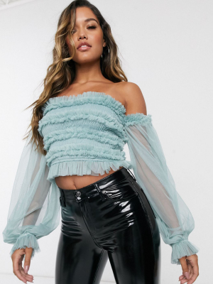 Lace & Beads Bardot Ruffle Top With Sheer Balloon Sleeves In Dusty Blue