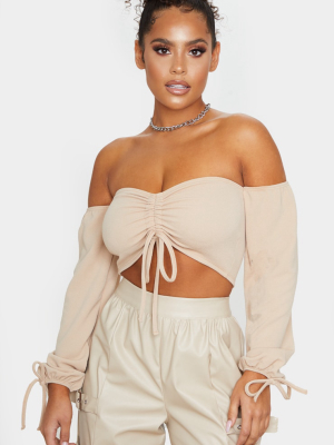 Sand Ruched Detail Bardot Long Sleeve Crop Top