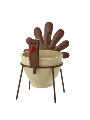 Lakeside Turkey Bowl With Decorative Metal Stand For Thanksgiving Appetizers, Dips