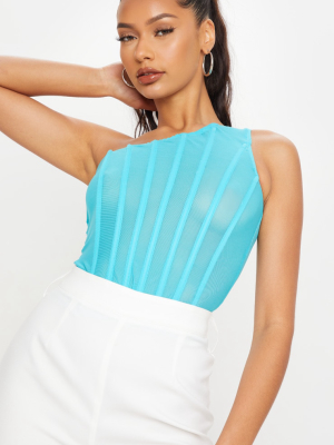 Turquoise Sheer Mesh One Shoulder Corset Long Top