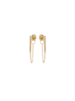 14k Scattered Diamond Gold Bar Chain Stud Earrings