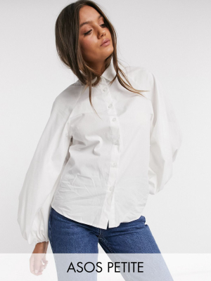 Asos Design Petite Long Volume Sleeve Shirt In Cotton In White