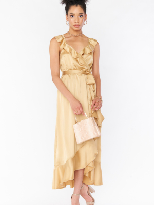 Samantha Ruffle Wrap Dress ~ True Gold Luxe Satin