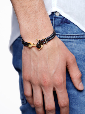 Men's Black Leather Bracelet With Gold Anchor