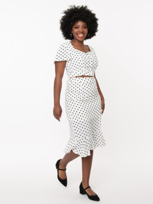 White & Black Polka Dot Peplum Midi Skirt