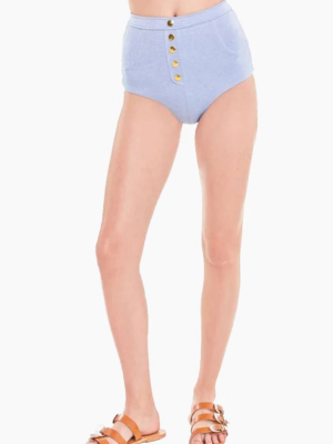 Simone Faux Button High Waisted Bikini Bottom - Blue Denim