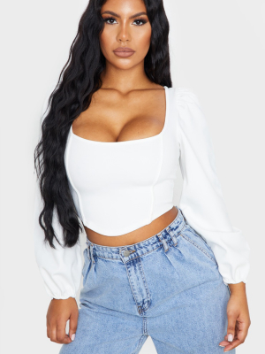 White Binding Balloon Sleeve Crop Top