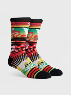 Pkwy Men's Striped Floral Print Jah Lei Crew Socks - Red L