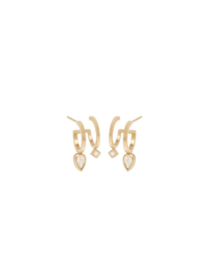 14k Pear And Princess Diamond Double Huggie Hoops