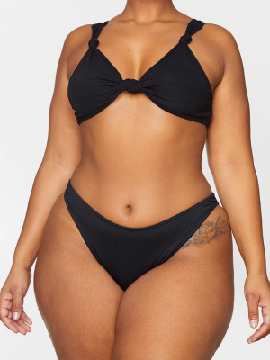 Plus Black Ribbed High Leg Bikini Bottoms